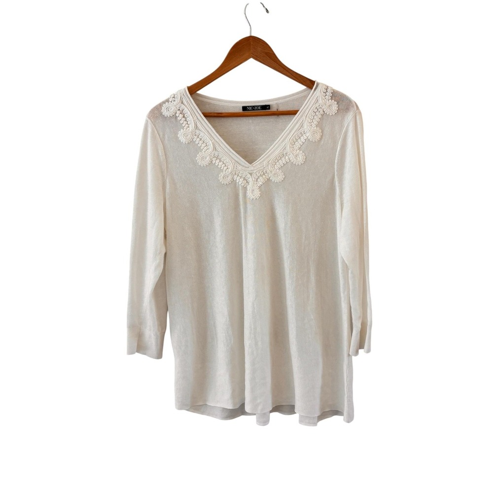 NIC+ZOE Embroidered V Neck Tunic Sweater Womens 1X White Linen Blend Classic